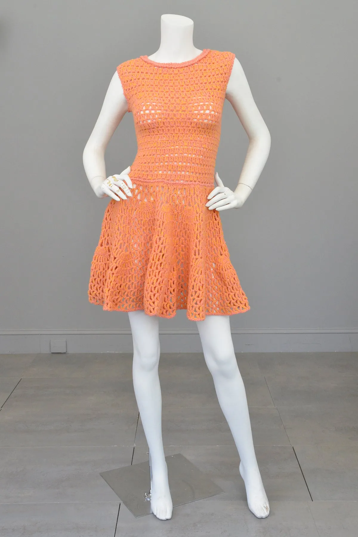 1960s 70s Pink   Yellow = Orange Yarn Crochet Mini Dress