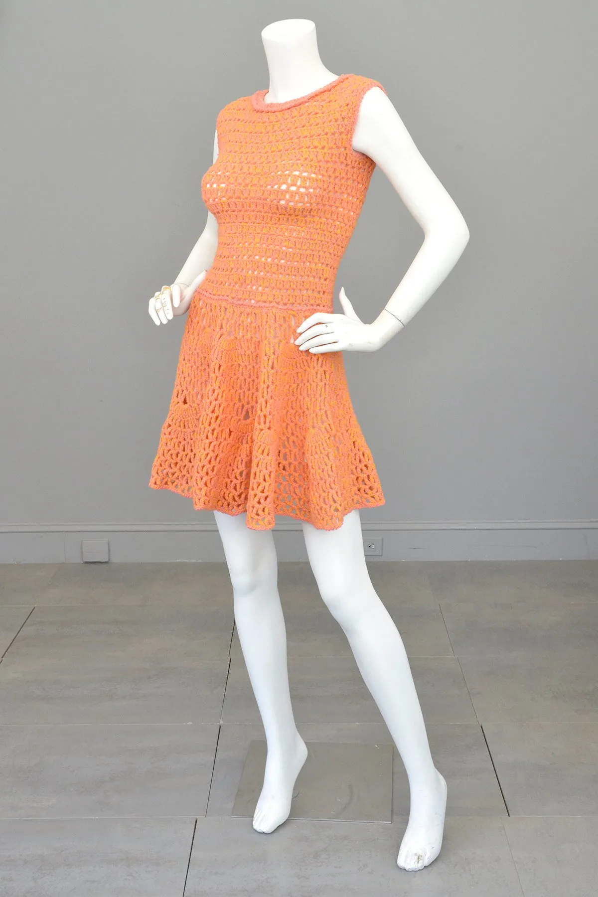 1960s 70s Pink   Yellow = Orange Yarn Crochet Mini Dress