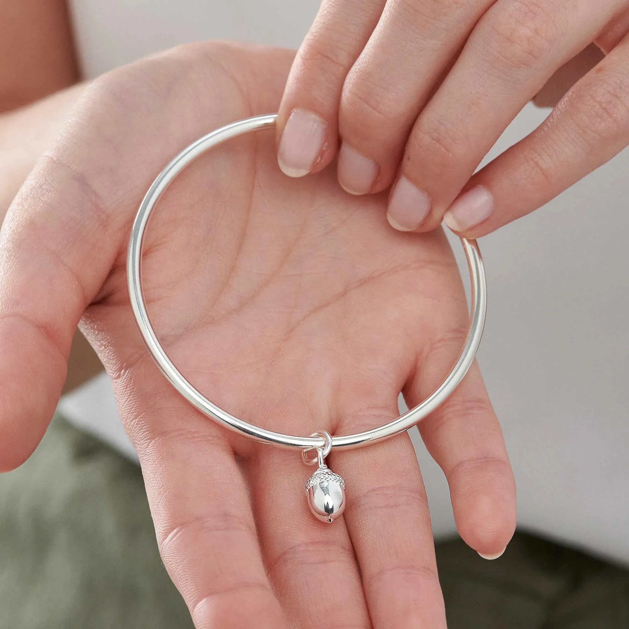 Acorn Silver Charm Bangle