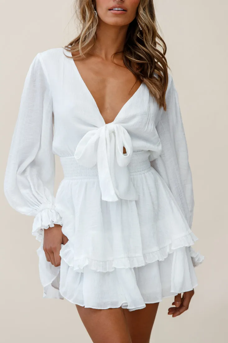 Anthea Bow-Tie Front Layered Frill Dress White