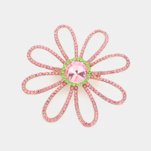 Flower & Leaf Pink and Green Rhinestone Paved Flower Pin Brooch