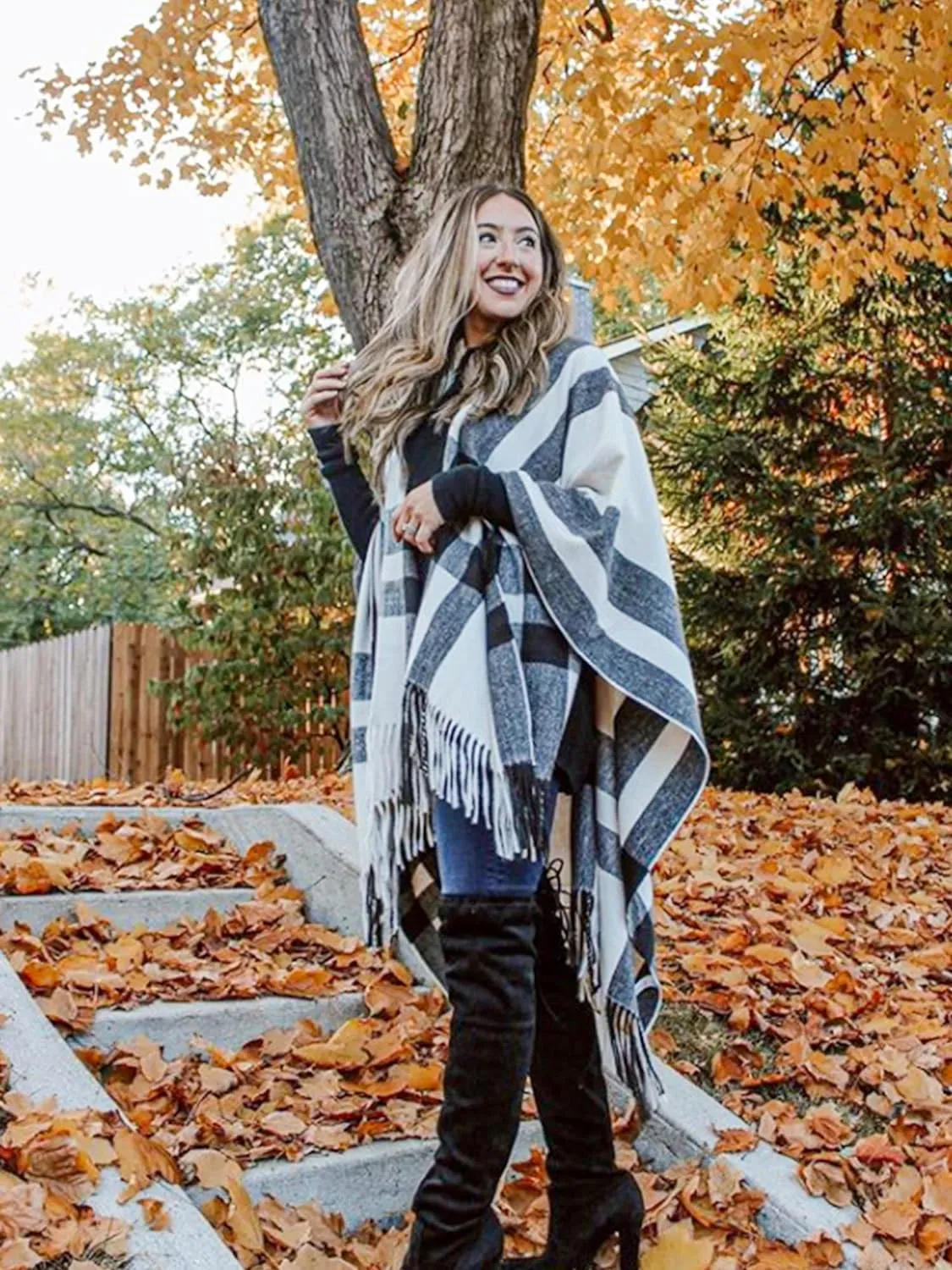 Women's Travel Plaid Shawl, Wrap Open Front Poncho Cape for Fall Winter